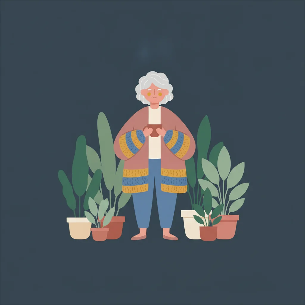 Illustration: Frau mit silbernem Haar und Teetasse zwischen Zimmerpflanzen