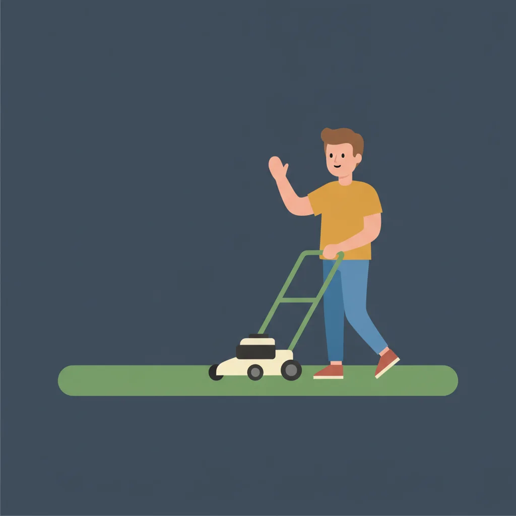 Illustration: junger Mann mit Rasenmäher