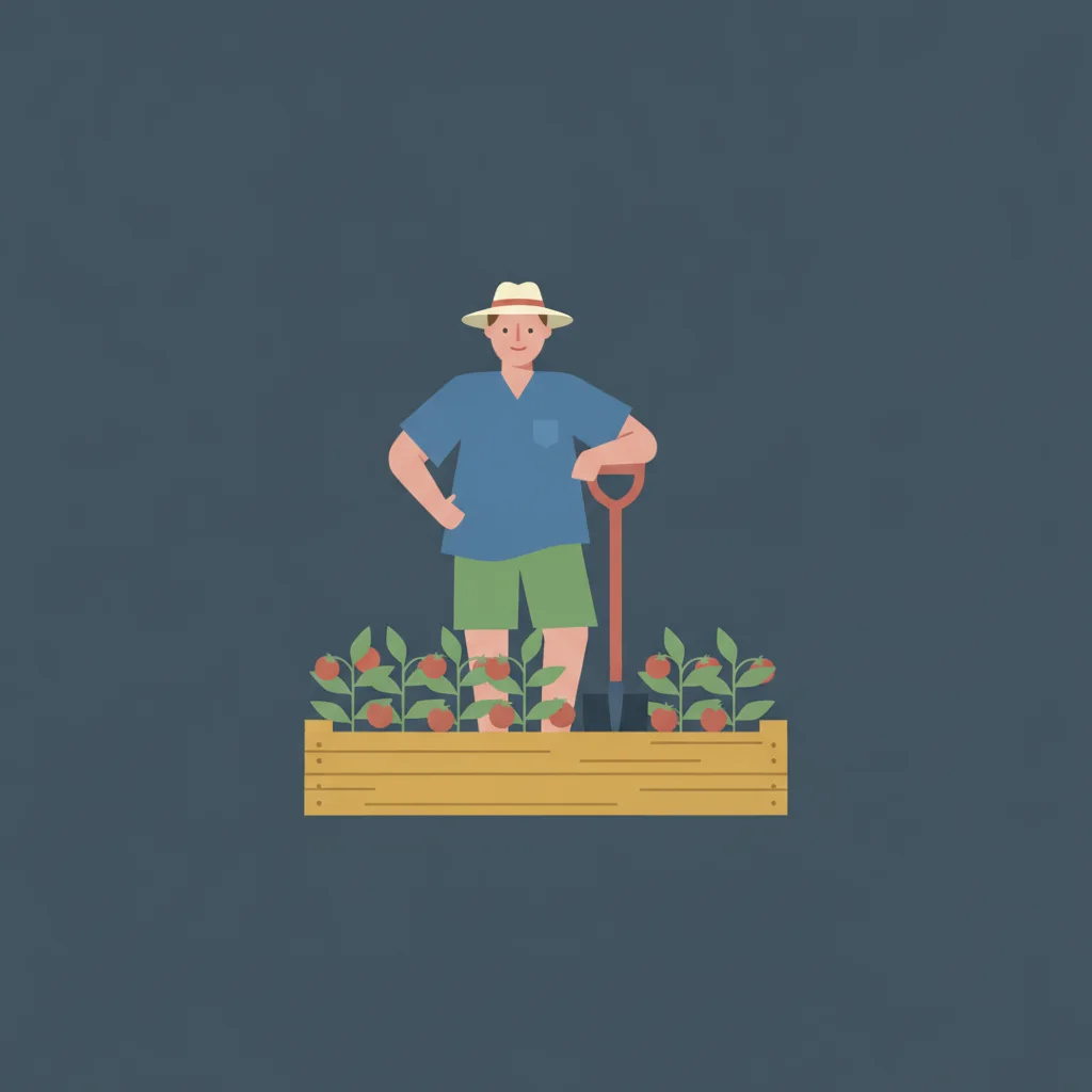 Illustration: Mann mit Sonnenhut am Hochbeet mit Tomaten