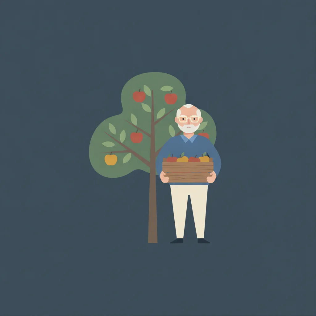 Illustration: Mann mit Apfelkiste vor einem Apfelbaum