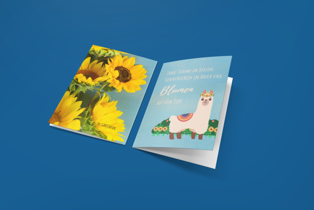 Blumenkarte kostenlos zum Ausdrucken und Selber basteln als Klappkarte oder Postkarte: Trage Träume im Herzen, Sonnenschein im Bauch und Blumen auf dem Kopf 